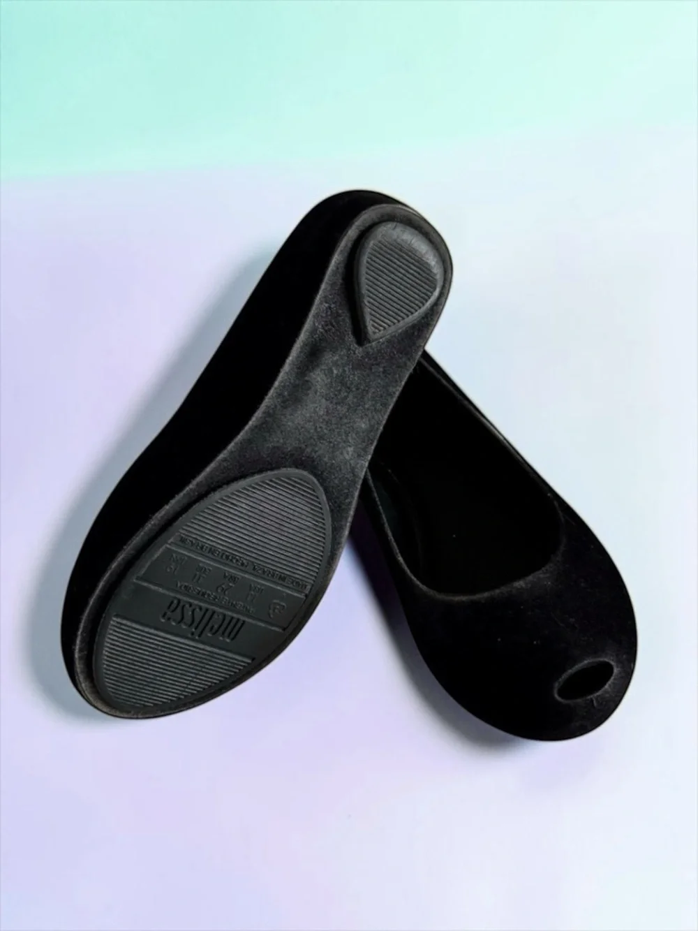 Mini Melissa Peep‑Toe Flats Black Velvet Matte Girls Size 13 Like New